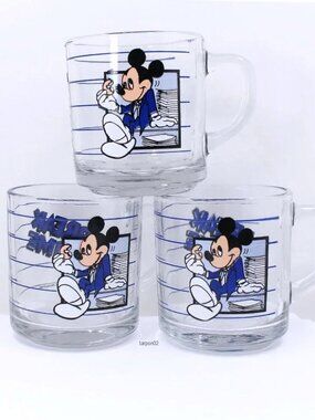 3 Vintage Disney Mickey Mouse“Break Time”Mug Anchor Hocking USA Glass Coffee Cup